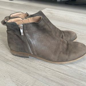 Brown suede ankle boots with silver zippers on each side and a short heel